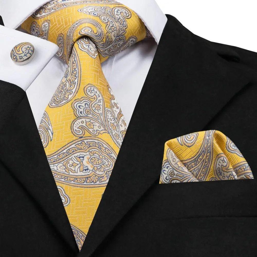 Men's Yellow Gold Tie Set — Necktie, Pocket Square & Cufflinks