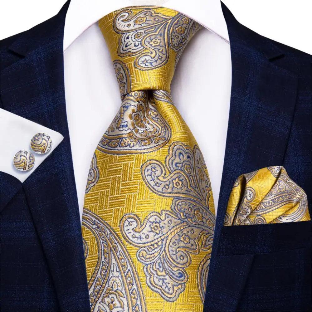 Men's Yellow Gold Tie Set — Necktie, Pocket Square & Cufflinks