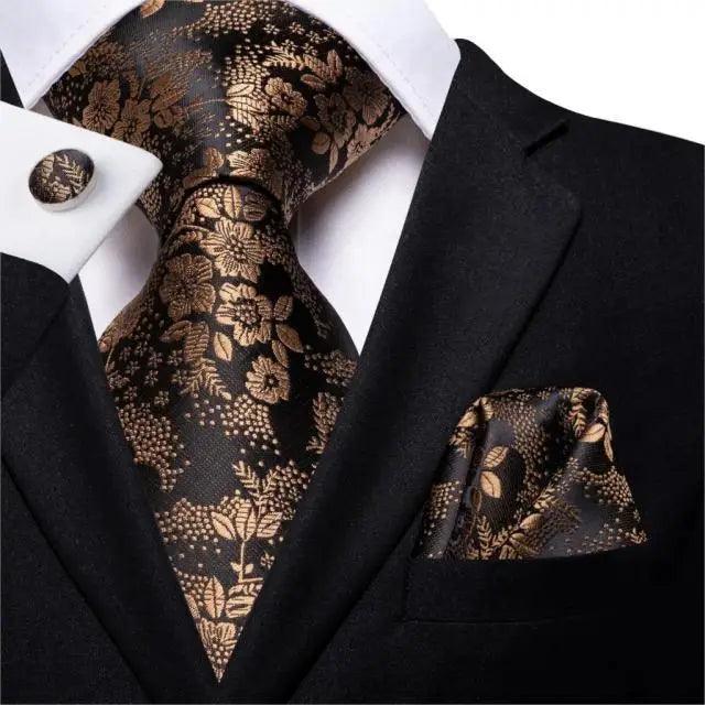 Men's Yellow Gold Tie Set — Necktie, Pocket Square & Cufflinks