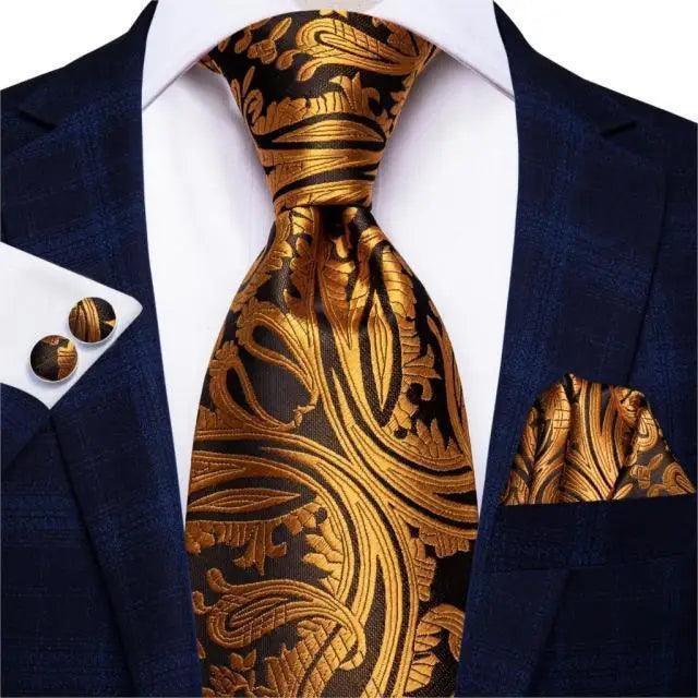 Men's Yellow Gold Tie Set — Necktie, Pocket Square & Cufflinks