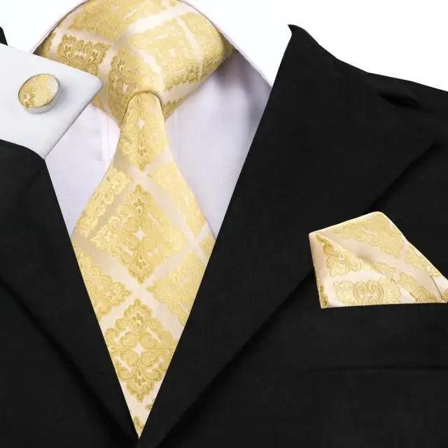 Men's Yellow Gold Tie Set — Necktie, Pocket Square & Cufflinks