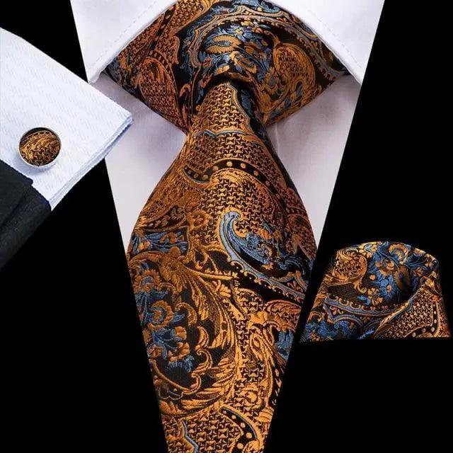 Men's Yellow Gold Tie Set — Necktie, Pocket Square & Cufflinks