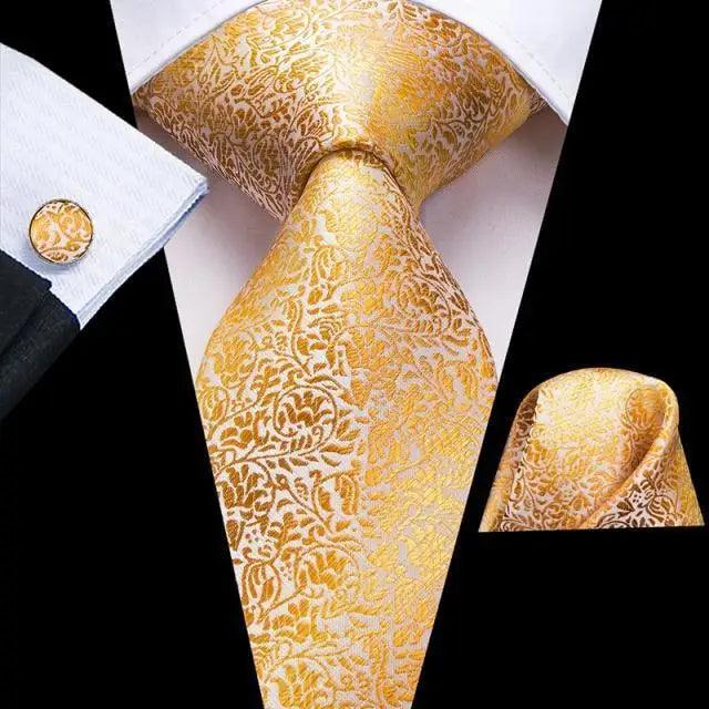 Men's Yellow Gold Tie Set — Necktie, Pocket Square & Cufflinks